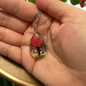 Resin Flower Pressed & Tree Tear Drop Pendant Charm Stainless Steel Necklace